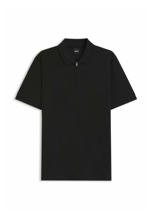 Schwarzes kurzärmeliges Poloshirt mit Reißverschluss am Kragen und einem kleinen "BOSS"-Etikett im Halsausschnitt.