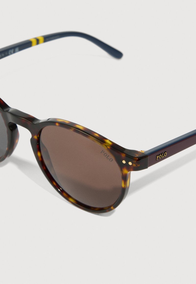 Tortoiseshell round sunglasses with brown lenses, gold "POLO" logo on temples, and two gold rivet details near hinges.