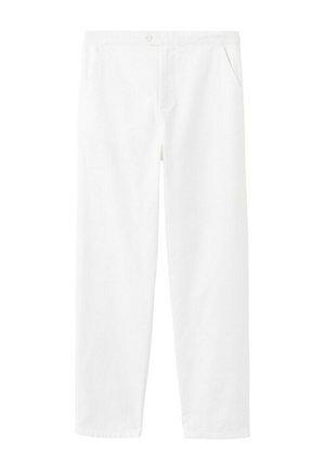 Pantaloni bianchi a gamba dritta con chiusura frontale con bottone e zip, tasche laterali e passanti per cintura, mostrati su sfondo bianco semplice.