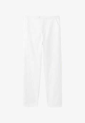 Hvide bukser med lige ben, foran med knap- og lynlås lukning, sidelommer og bæltestropper, vist på en hvid baggrund.