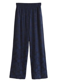 Pantalon à jambes larges en tissu bleu foncé avec un motif discret de feuilles, doté d'une taille élastique pour plus de confort et une mise en place facile.