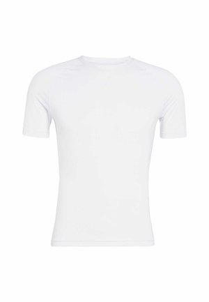 Biała, krótkorękawowa koszulka sportowa wykonana z gładkiego, lekkiego materiału. Posiada okrągły dekolt i minimalistyczne detale szwów.