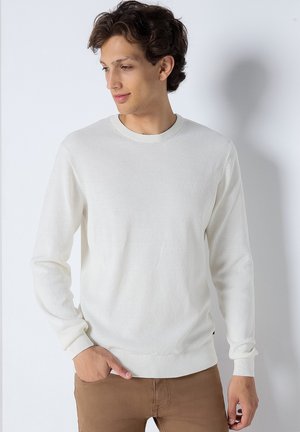 Pull en maille blanche à col rond avec manches longues, présentant un motif texturé et des bords-côtes aux poignets et à l'ourlet. Détail en forme de point sur la poitrine.
