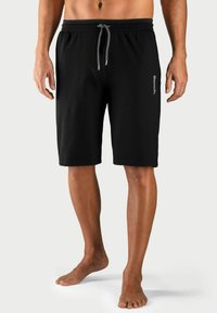 Zwarte shorts van een katoenmix, met een elastische tailleband met een grijze trekkoord en een subtiel logo op het linkerpand.