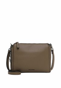 Brown leather crossbody bag with a textured finish, featuring a shoulder strap and a zip closure. Brand logo displayed on the front.