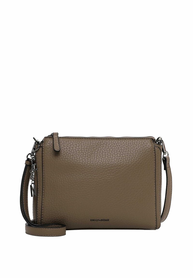 Brown leather crossbody bag with a textured finish, featuring a shoulder strap and a zip closure. Brand logo displayed on the front.