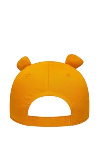 Gelbe Mütze mit runder Form und weichen Ohren oben. Hergestellt aus strukturiertem Stoff, mit einem gebogenen Schirm und verstellbarem Riemen.