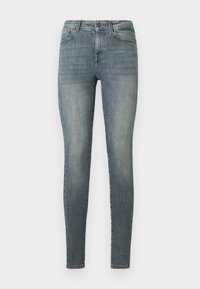 Kékeszürke, slim fit női farmernadrág, gombos-zipperes záródással, elülső és hátsó zsebekkel, valamint enyhe fakulással a comboknál.
