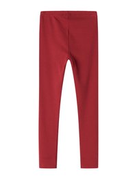 Punased ribaga leggings, millel on elastne vöökoht ja lõikega sobituv siluett, on valmistatud venivast kangast, et tagada mugavus ja liikumisvabadus.