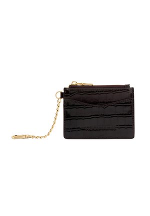 Black faux crocodile leather cardholder with gold hardware, chain attachment, one zip pocket and multiple card slots on the front.