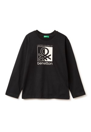 Schwarzes Langarm-T-Shirt aus Baumwolle mit einem weißen grafischen Design, das den Text "UNITED COLORS OF benetton" und ein Logo enthält.