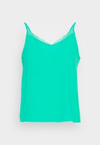 Camisola sem mangas em teal, feita de um tecido macio, com um decote em V adornado com um delicado rendado nas bordas. Textura suave.