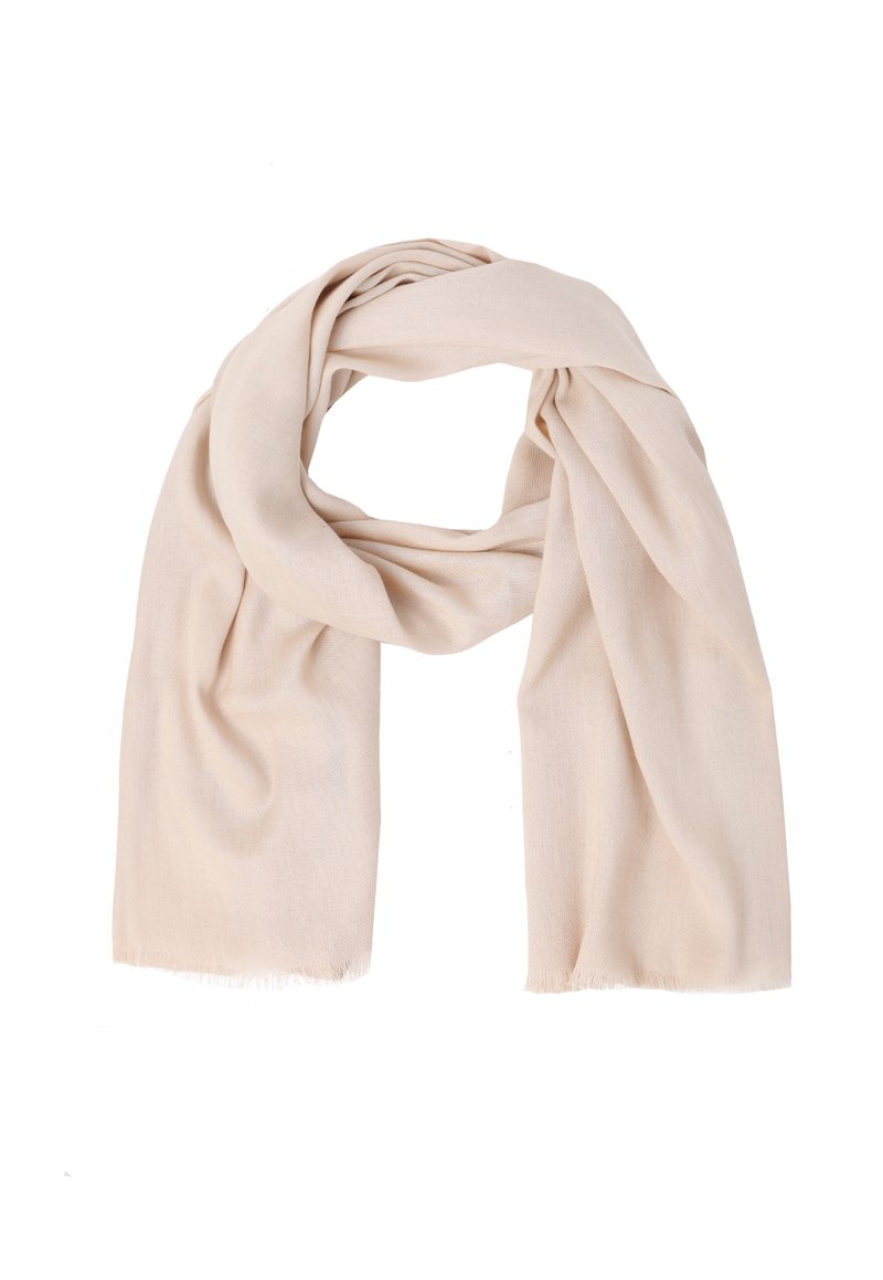 Beige sall, mis pehme kangas, lahtise kudumisega, sileda tekstuuri ja frantsiiridega ääred, asetatud elegantse silmusena.