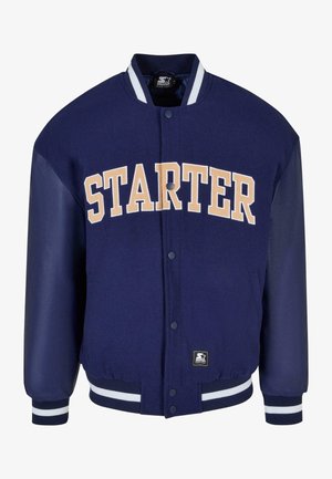 Dunkelblaue Collegejacke mit Wollkörper, Lederärmel und cremefarbenem "STARTER"-Schriftzug. Verfügt über einen Reißverschluss vorne und gestreifte Rippbündchen.