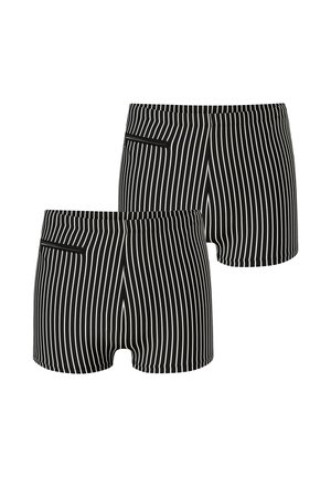 Short de bain noir avec de fines rayures blanches verticales et une petite poche zippée sur le côté gauche, vu de face et de dos.