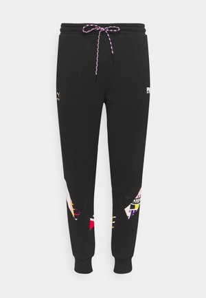 Zwarte joggingbroek met een elastische tailleband en een multicolor patroon aan de zijkanten. Trekkoord met een textuur en vlechtontwerp.