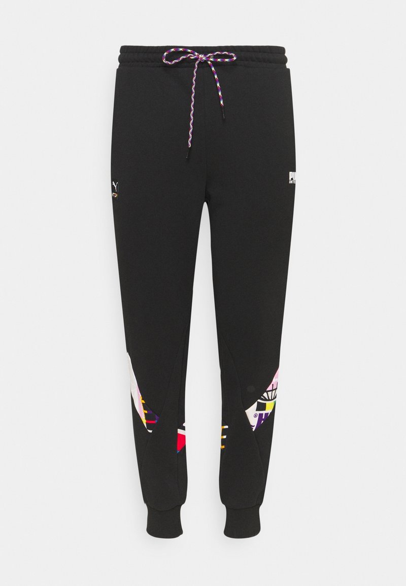 Sorte joggingbukser med elastisk talje og en flerfarvet mønstret detalje på siderne. Snor med en tekstureret, flettet design.