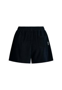 Zwarte katoenen shorts met een elastische tailleband, van gemiddelde dijlengte, en een enkele achterzak. Zachte textuur, eenvoudig ontwerp.
