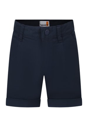 Pantaloni corti blu scuro in tessuto, con chiusura a bottone, risvolti e tasche laterali. Design semplice e pulito con cuciture sottili.
