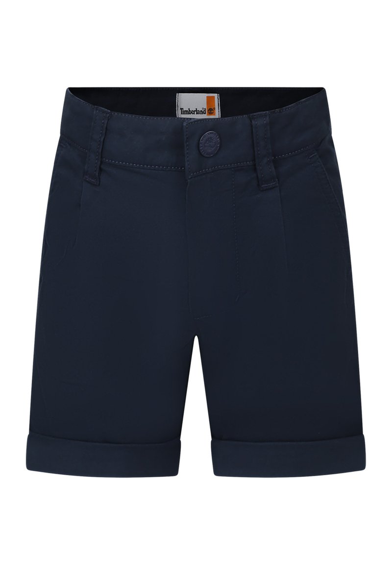 Pantaloni corti blu scuro in tessuto, con chiusura a bottone, risvolti e tasche laterali. Design semplice e pulito con cuciture sottili.
