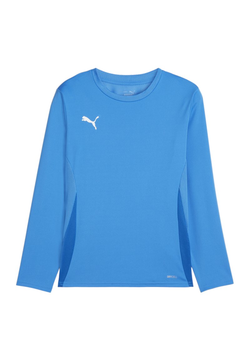 Maglietta atletica a manica lunga blu con logo Puma bianco sul petto, pannelli laterali in rete e testo "DRYCELL" vicino all'orlo.