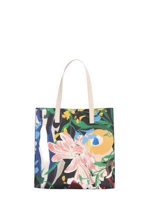 Tote bag met crèmekleurige handvatten, met een kleurrijk bloem- en bladmuster in roze, geel, blauw, groen en zwarte achtergrond.