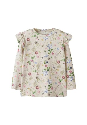 Chemise crème à manches longues pour tout-petit avec imprimé multicolore de fleurs et d'oiseaux, dotée de détails à volants sur les épaules et d'un col rond.