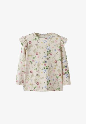 Crèmekleurig shirt met lange mouwen voor peuters, bedrukt met een meerkleurig bloemen- en vogelmotief, met gerimpelde schouderdetails en een ronde halslijn.