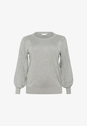 Maglione lavorato a maglia grigio chiaro con maniche a palloncino a coste, scollatura rotonda e vestibilità rilassata. Tessuto morbido con delicati dettagli a punto.