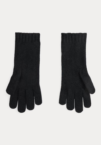 Mănuși negre tricotate cu manșete lungi, striate, separare pentru degete, textură moale și un design simplu, fără cusături.