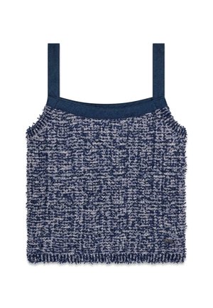 Top senza maniche in maglia strutturata blu navy e grigia con spalline larghe e scollo dritto, piccola etichetta nera con logo in basso a destra.