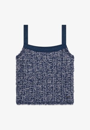 Marineblaues und graues strukturiertes gestricktes ärmelloses Top mit breiten Trägern und geradem Ausschnitt, kleinem schwarzen Logotag unten rechts.