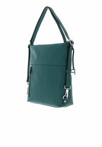 Sac à bandoulière en cuir bleu sarcelle avec surface texturée, sangle réglable, poche zippée à l'avant et garnitures en métal argenté. Forme rectangulaire.