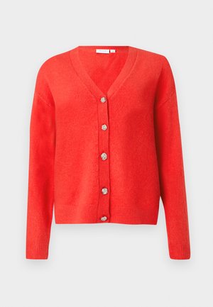 Red V-neck cardigan with long sleeves and five decorative silver buttons down the front, displayed on a plain background.