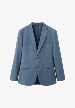 Single-button, light blue men's blazer with notch lapels and flap pockets, displayed against a white background.
