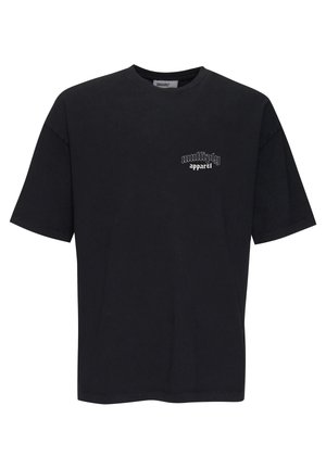 Schwarzes Baumwoll-T-Shirt mit lockerer Passform, rundem Halsausschnitt und kurzen Ärmeln. Mit weißem Logotext auf der linken Brust.