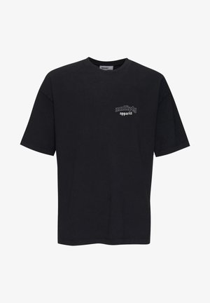 T-shirt di cotone nera con vestibilità ampia, colletto rotondo e maniche corte. Presenta un testo logo bianco sul lato sinistro del petto.