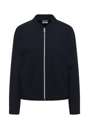 Veste bomber noire avec texture à rayures verticales, fermeture éclair argentée à l'avant, taille et poignets élastiques, et deux poches latérales.
