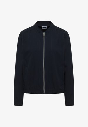 Veste bomber noire avec texture à rayures verticales, fermeture éclair argentée à l'avant, taille et poignets élastiques, et deux poches latérales.