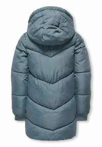 Light blue puffer jacket with a hood, featuring chevron stitching, elastic cuffs, and a smooth texture. Rear view.