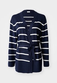 Cardigã listrado em azul-marinho e branco feito de tecido macio, com um design envolvente, mangas longas e um cinto amarrado na cintura.