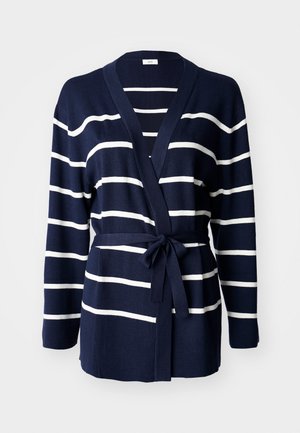 Marineblå og hvide stribede cardigan lavet af blødt stof, med en indpakningsdesign, lange ærmer og et bælte i taljen.