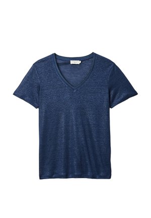 T-shirt à manches courtes bleu marine avec col en V, fabriqué en tissu léger légèrement texturé, présenté à plat sur un fond blanc.