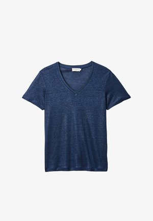 T-shirt à manches courtes bleu marine avec col en V, fabriqué en tissu léger légèrement texturé, présenté à plat sur un fond blanc.