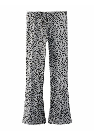 Pantaloni svasati con stampa leopardata in tessuto morbido ed elasticizzato; motivo grigio e nero su uno sfondo chiaro, con vita elastica per garantire comfort.