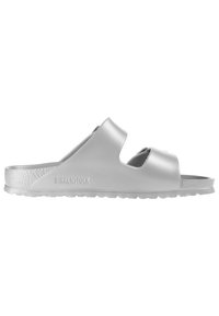 Ciabatta Birkenstock bianca con due larghe cinghie, materiale liscio, forma arrotondata, soletta testurizzata e suola resistente con pattern antiscivolo.