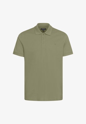 Olivnozeleni polo majica iz gladke bombažne tkanine, s klasičnim ovratnikom, zapiranjem na tri gumbe in diskretnim logotipom na prsih.