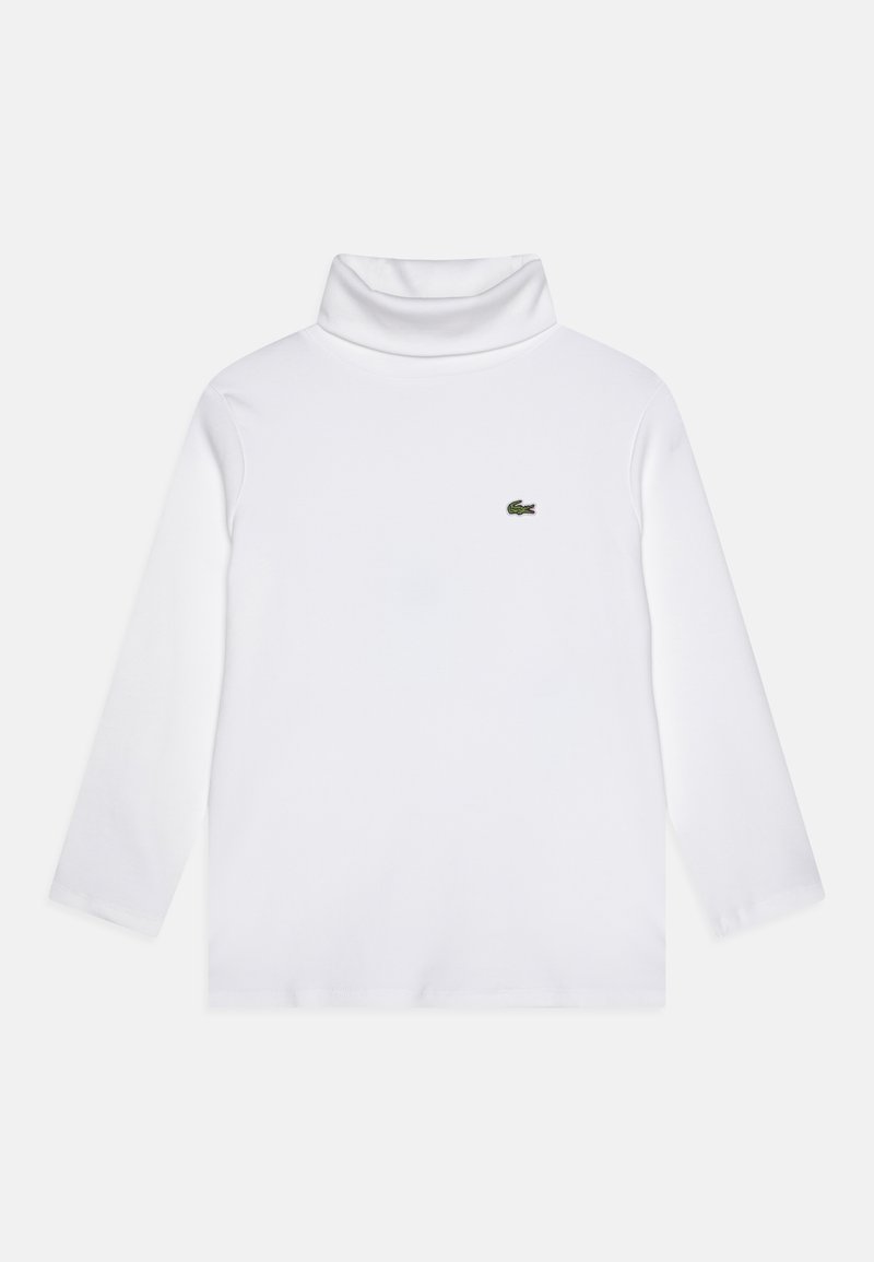 Maglione a collo alto bianco a maniche lunghe realizzato in tessuto morbido, con un piccolo logo verde Lacoste sul lato sinistro del petto.