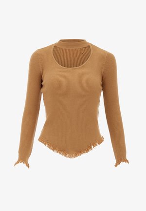 Csíkos, hosszú ujjú felső világosbarnában, kerek nyakkivágással és kisebb kivágással. A rafinált alj és az ujjak szövetessé teszik a dizájnt.