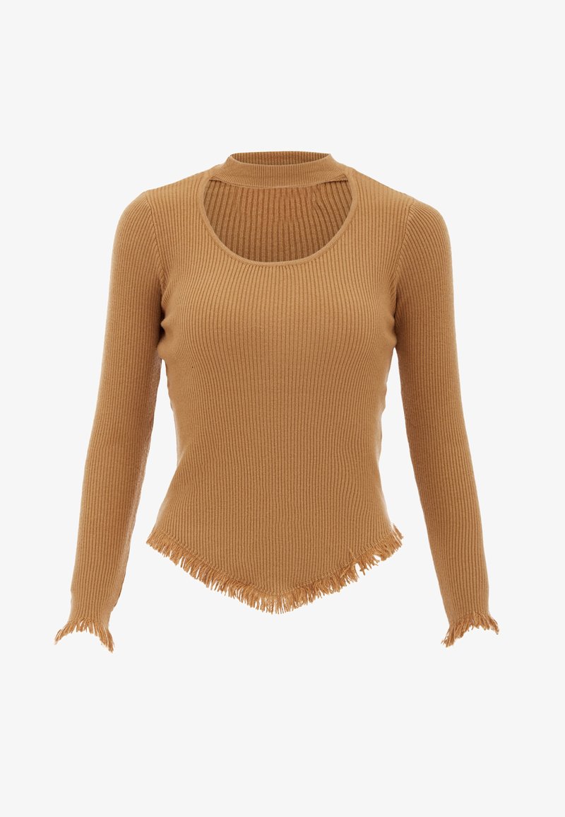 Top a maniche lunghe a costine in marrone chiaro, con scollo rotondo e piccolo taglio. L'orlo e i polsini sfrangiati aggiungono texture al design.